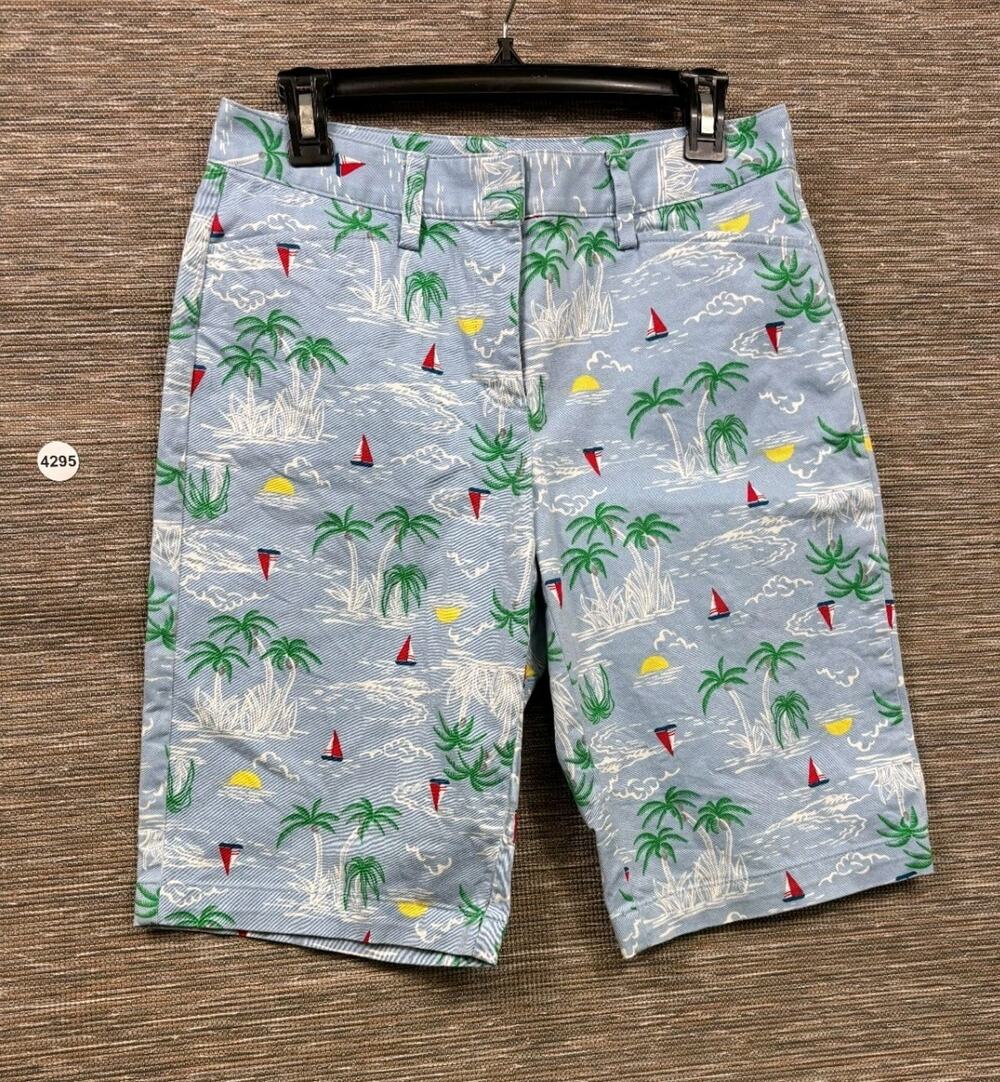 Lands' End Bermuda Shorts Womens Size 4 Blue Mid Rise Palm Tree Sail Boats